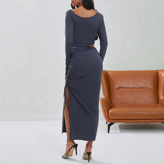 Damen eng anliegendes Maxikleid mit langem Arm seitlichem Cut-Out geraffter Hüfte und hohem Beinschlitz Eichborn Berlin