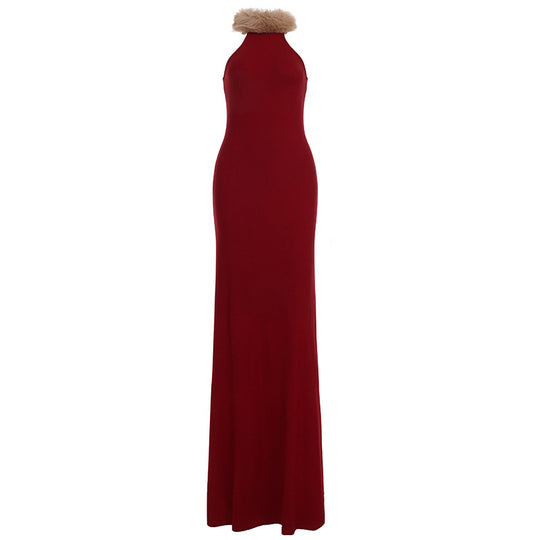 Damen Elegantes Maxikleid mit luxuriösem Kunstpelzkragen EB