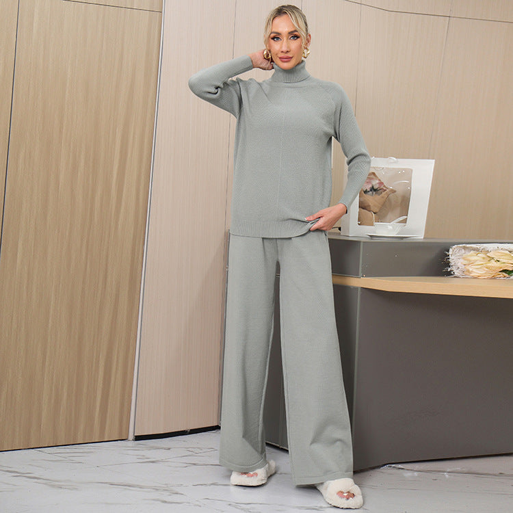Damen elegantes Strick-Loungewear-Set mit hohem Kragen und weitem Schnitt EB