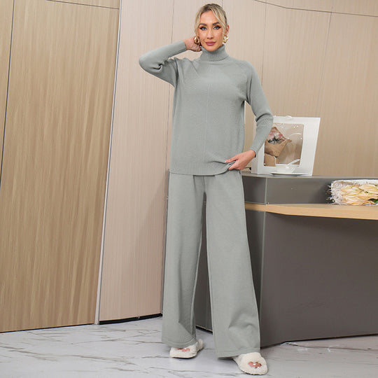 Damen elegantes Strick-Loungewear-Set mit hohem Kragen und weitem Schnitt EB