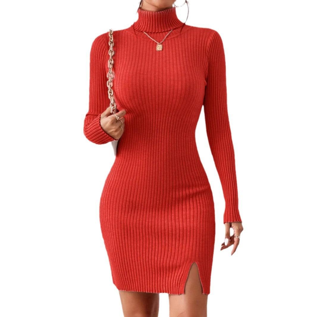 Damen figurbetontes Rippkleid mit hohem Kragen und Seitenschlitz EB