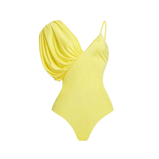 Damen asymmetrischer Einteiler Badeanzug mit voluminösen Puffärmeln EB