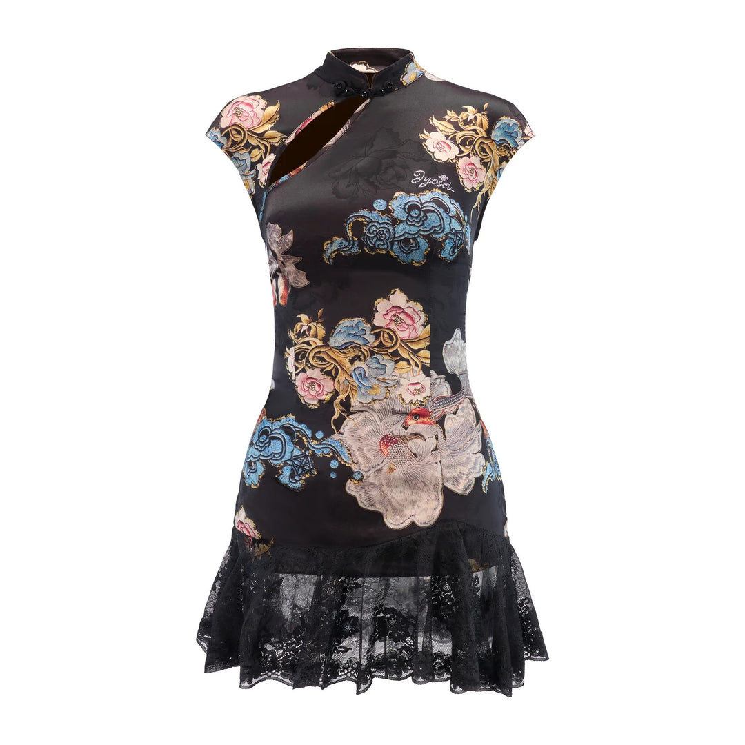 Damen Kurzärmliges Blumenkleid mit Spitzenunterrand EB
