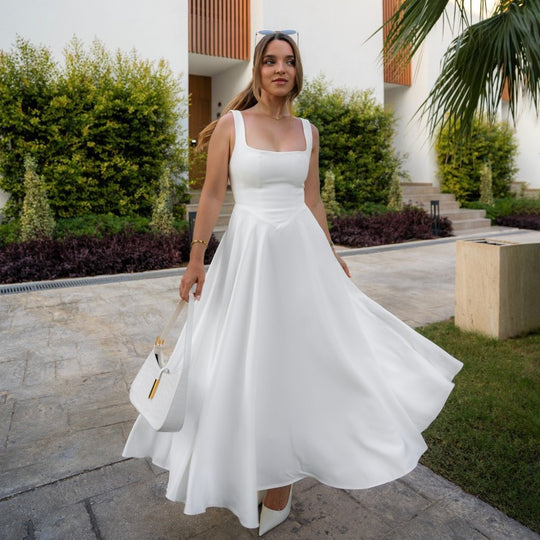 Damen Elegantes Maxikleid mit quadratischem Ausschnitt und fließendem Rock EB