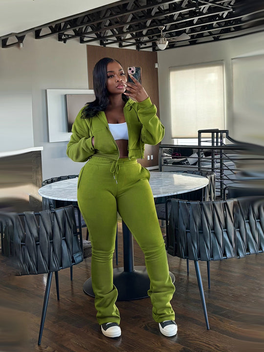 Damen nan kurz geschnittenes Zip-Hoodie und Highwaist-Jogginghose-Set mit Kordelzug und leicht gerafften Knöchelabschlüssen EB