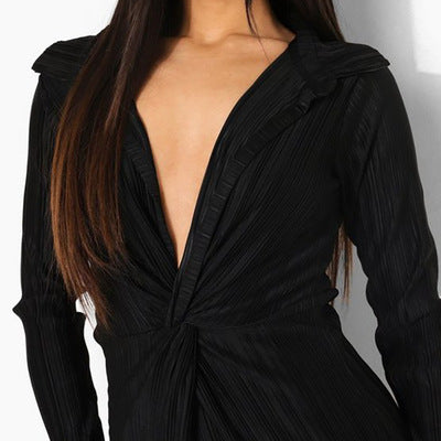 Damen Plissiertes Wickelkleid mit tiefem V-Ausschnitt EB