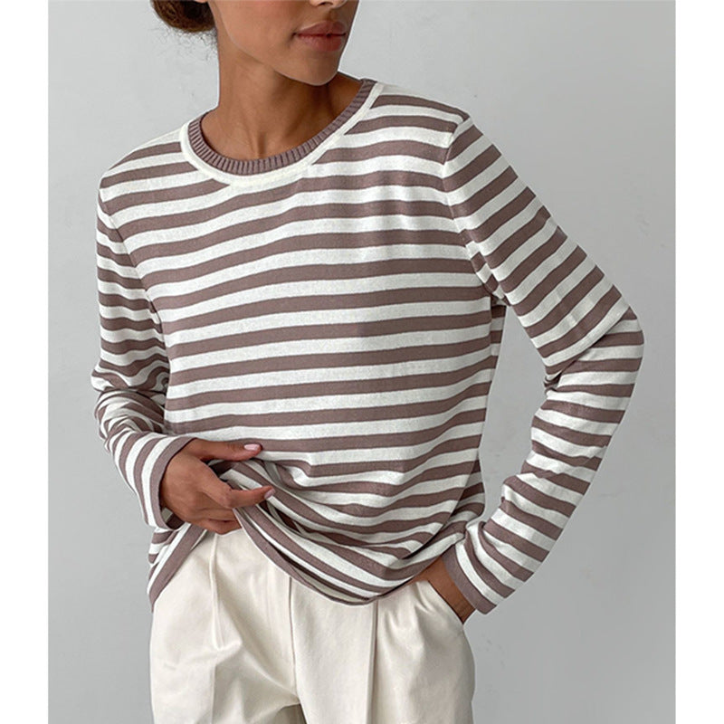Damen nan gestreifter Baumwollpullover mit Rundhals und legerer Passform EB