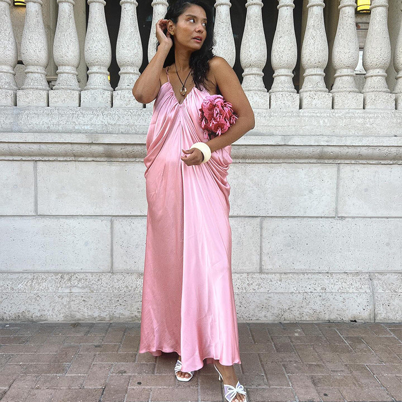 Damen Elegantes Maxikleid mit fließendem Satin und Spaghettiträgern EB