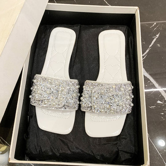 Damen glamouröse Pantoletten mit funkelnden Strass- und Perlenakzenten EB