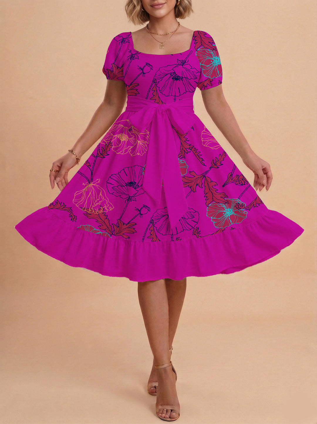 Damen modernes Blumenkleid mit elegantem Taillengürtel und asymmetrischem Saum EB