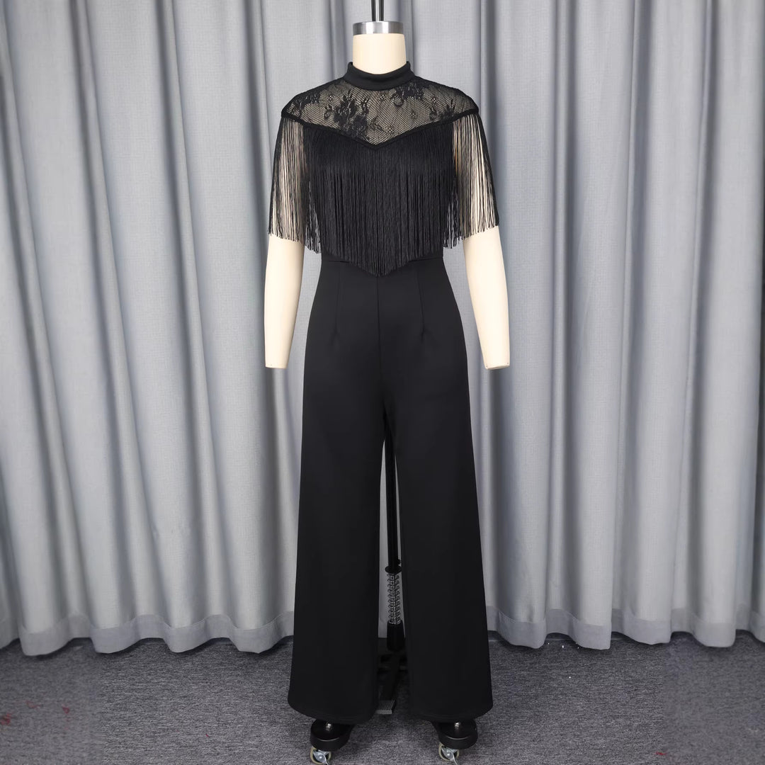 Damen Eleganter Jumpsuit mit schickem Fransen und Spitzenakzenten EB