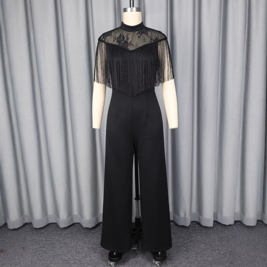 Damen Eleganter Jumpsuit mit schickem Fransen und Spitzenakzenten EB