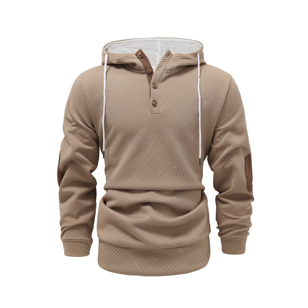 Herren nan strukturierter Kapuzenpullover im Henley-Stil mit Kontrastbesatz und Ellenbogenaufnähern EB