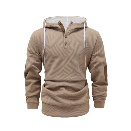 Herren nan strukturierter Kapuzenpullover im Henley-Stil mit Kontrastbesatz und Ellenbogenaufnähern EB