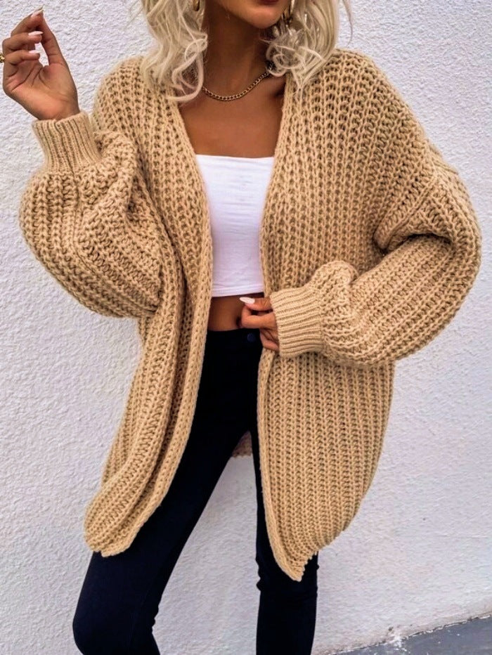 Damen lässiger Grobstrick-Cardigan mit tiefen Taschen und voluminösen Ärmeln EB