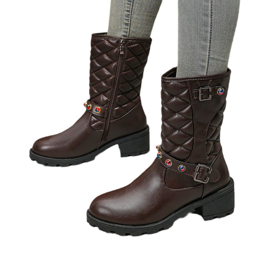 Damen modische Stiefeletten mit dekorativen Schmuckdetails und robustem Profil EB