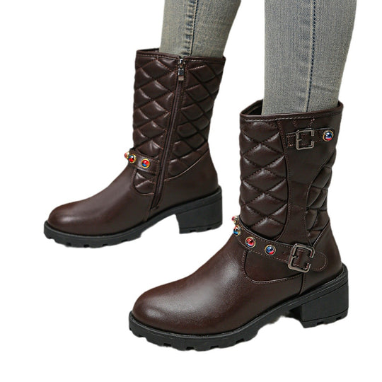 Damen modische Stiefeletten mit dekorativen Schmuckdetails und robustem Profil EB