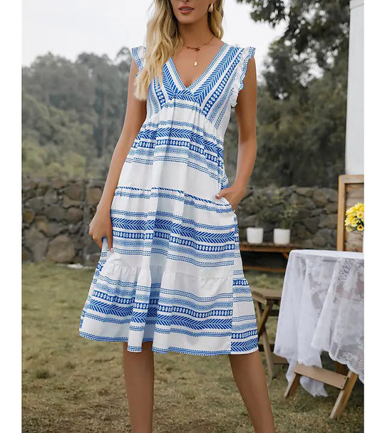 Damen Freizeitkleid mit raffinierten Rüschendetails und stilvollem Gürteldesign EB