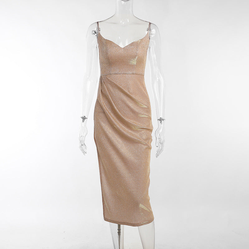 Damen elegantes Metallic-Effekt-Midikleid mit Spaghettiträgern EB