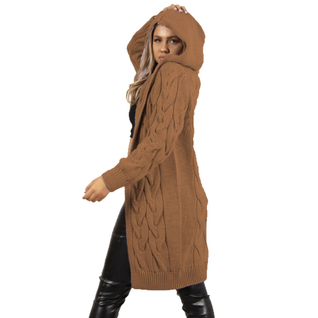 Damen Strickmantel mit Kapuze und Zopfmuster EB