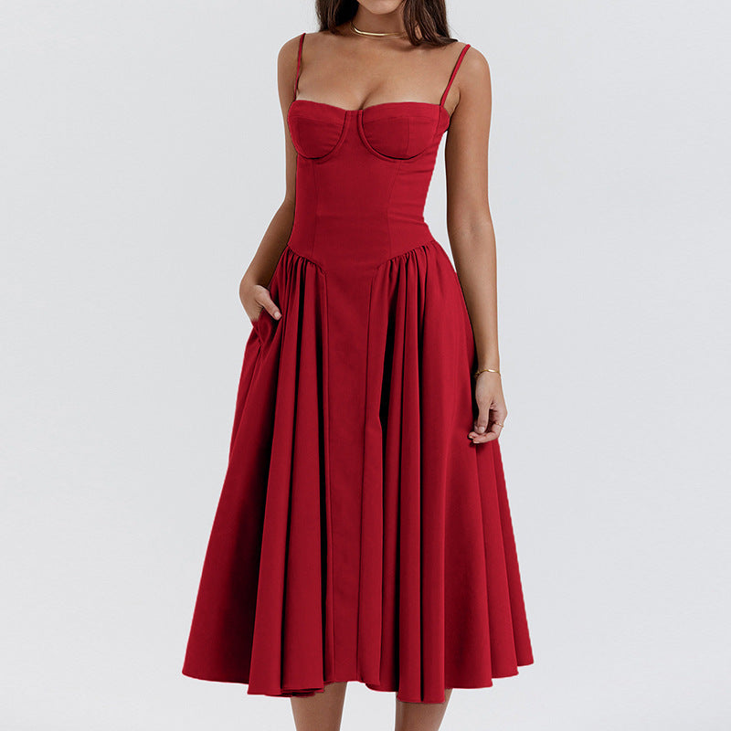 Damen Midikleid mit trägerlosem Design und voluminösem Faltenrock EB