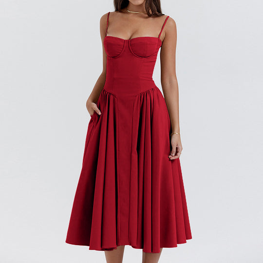Damen Midikleid mit trägerlosem Design und voluminösem Faltenrock EB