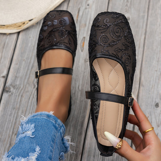 Damen elegante Ballerinas mit floralen Applikationen und rutschfester Sohle EB