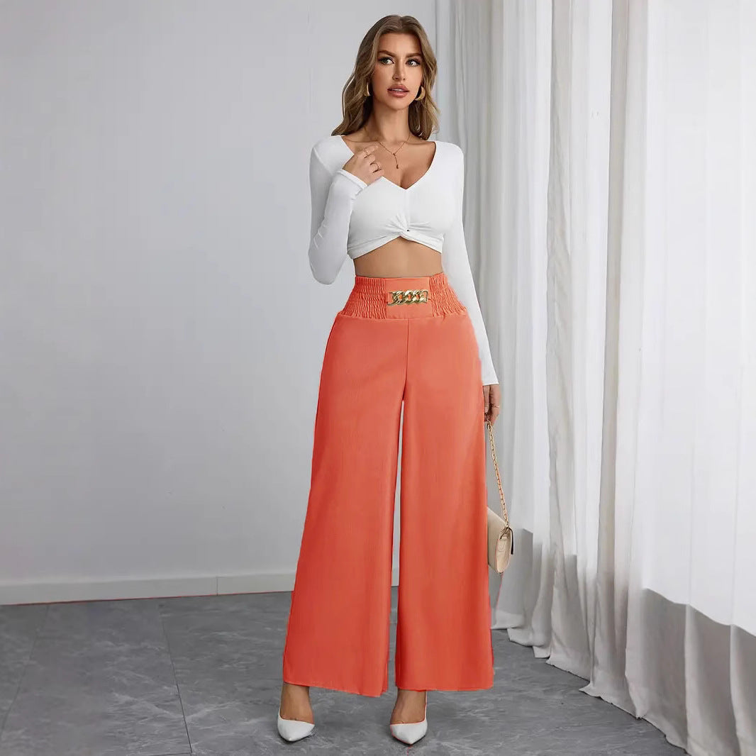 Damen Weite High-Waist Hose mit dekorativem Gummizug und modischem Gürtel EB