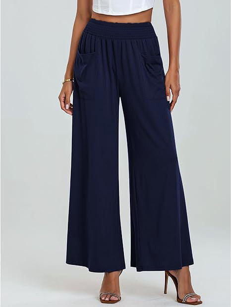 Damen Weit geschnittene Palazzo-Hose mit elastischem Bund und praktischen Taschen EB
