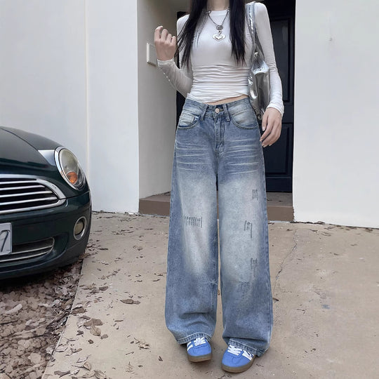 Damen Weite Baggy-Jeans mit modischem Used-Effekt und hohen Taschen EB