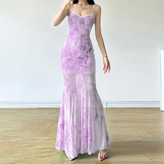 Damen Maxikleid mit fließendem Schnitt und romantischen Transparenzakzenten EB