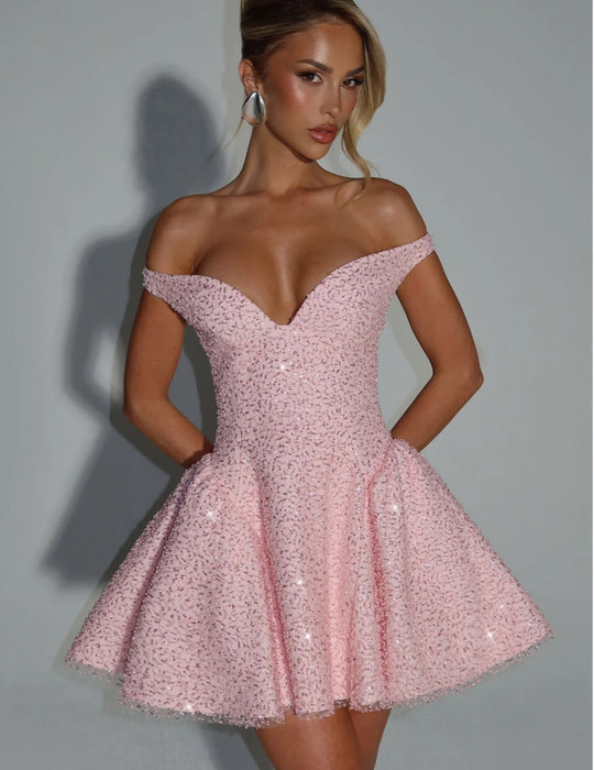 Damen Glamouröses Cocktailkleid mit schulterfreiem Design und funkelndem Paillettenbesatz EB