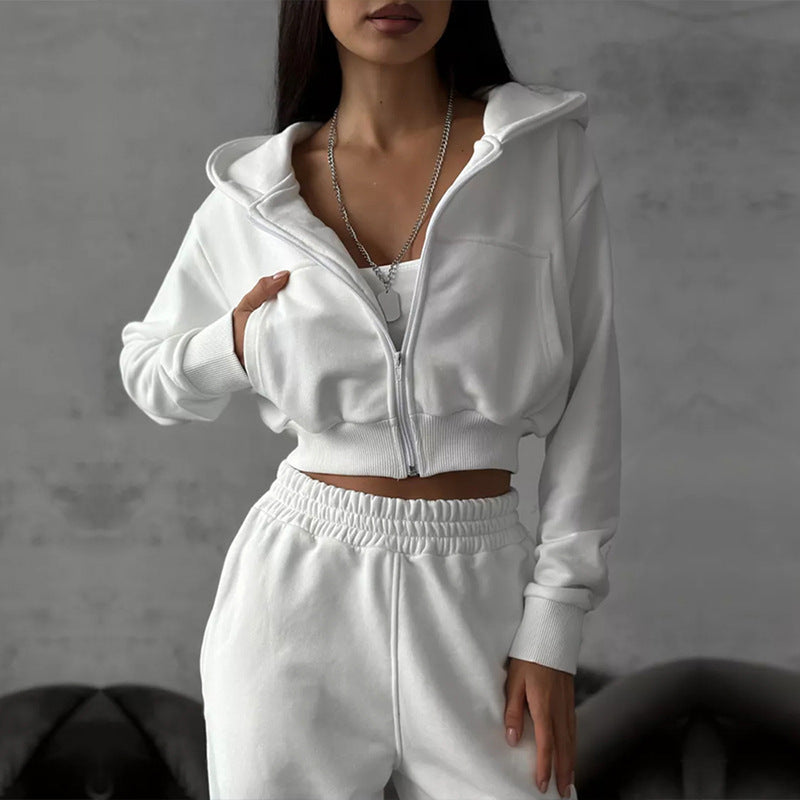 Damen kurzes Zip-Kapuzensweatshirt mit tailliertem Bündchen und weitem High‑Waist French‑Terry Jogginghose Set EB