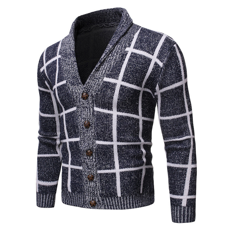 Herren modische Strickjacke mit V-Ausschnitt und modernem Karomuster EB