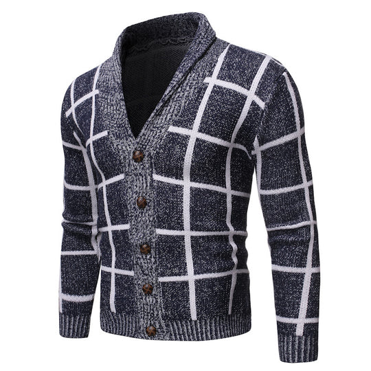 Herren modische Strickjacke mit V-Ausschnitt und modernem Karomuster EB