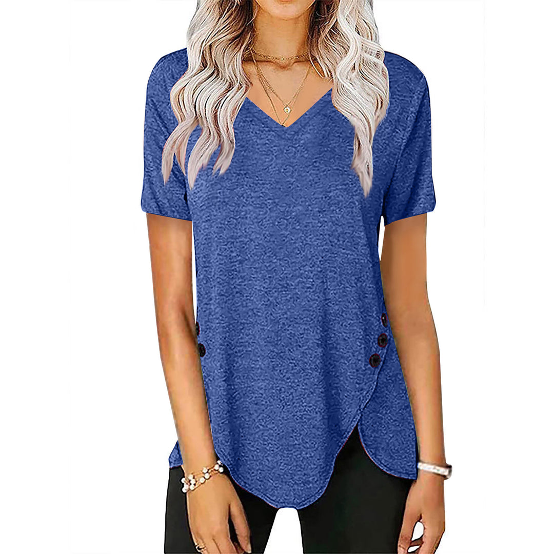 Damen lässiges V-Ausschnitt T-Shirt mit asymmetrischem Saum und dekorativen Knopfdetails EB