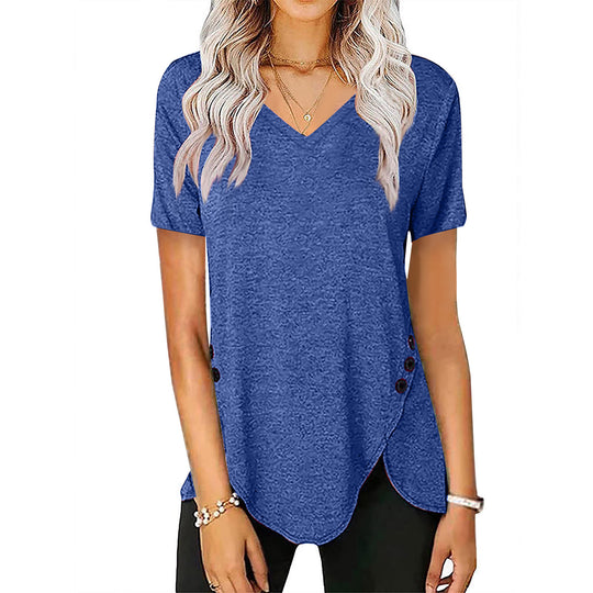 Damen lässiges V-Ausschnitt T-Shirt mit asymmetrischem Saum und dekorativen Knopfdetails EB