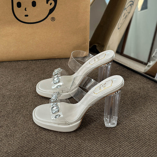 Damen Glamouröse Plateau-Sandalen mit durchsichtigen Riemen und funkelnden Kristall-Akzenten EB