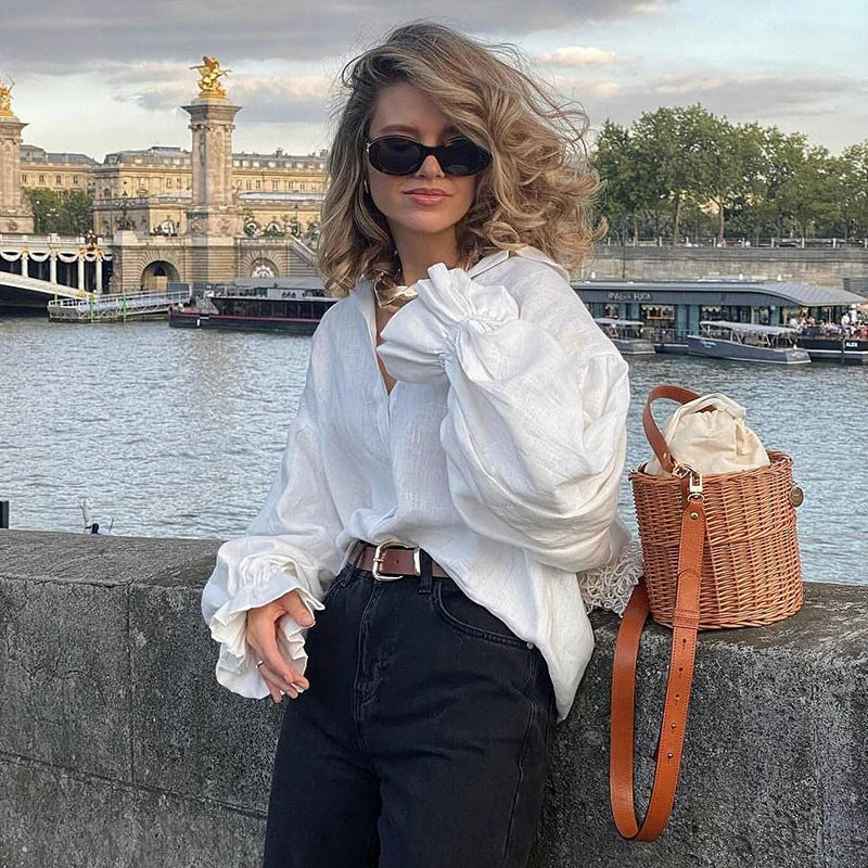 Damen lässige Leinenbluse mit ballonärmel EB