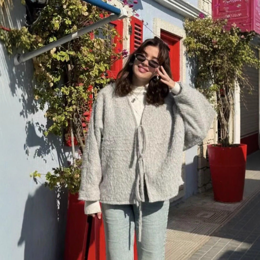 Damen weiche und trendige Strickjacke mit Bindeverschluss EB