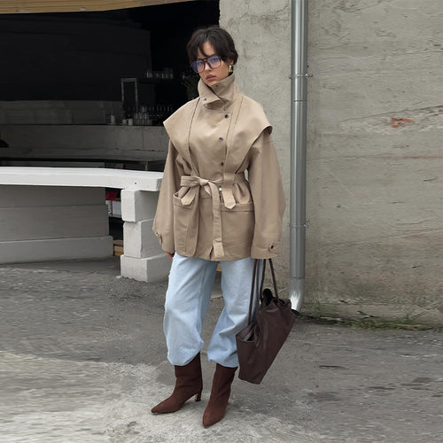 Damen Modische Übergangsjacke mit hohem Kragen und Bindegürtel EB