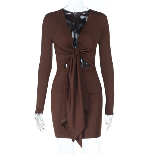 Damen figurbetontes Wickeloberteil-Kleid mit langen Ärmeln und seitlichen Cut-Outs EB