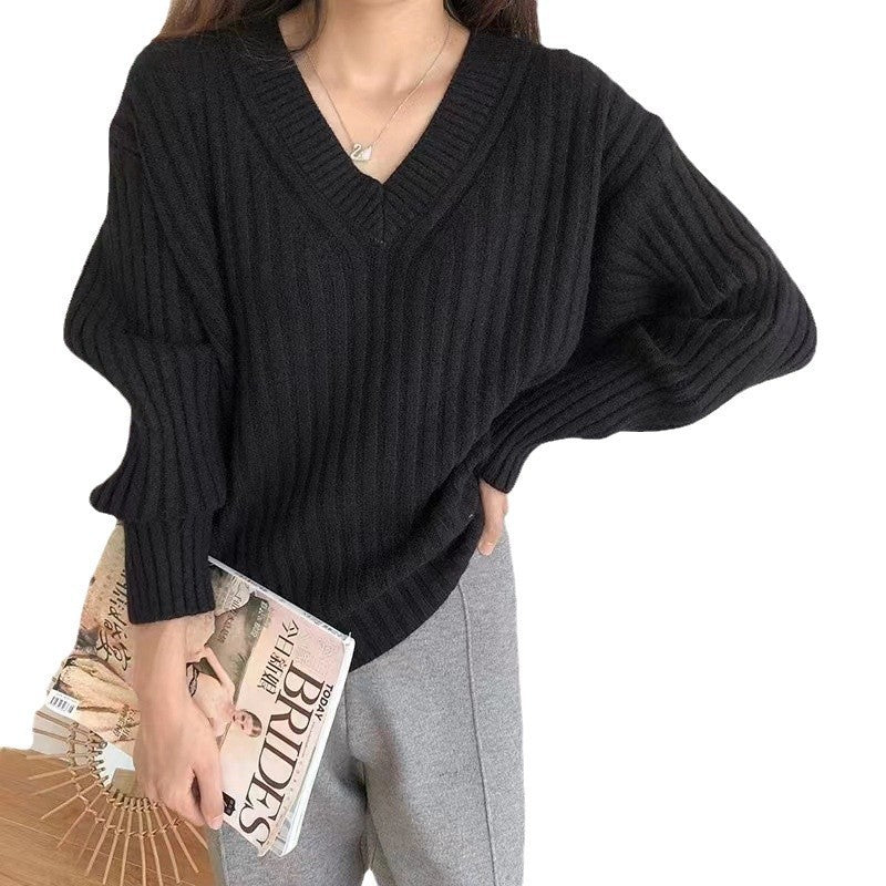 Damen Viskose-Strickpullover mit V-Ausschnitt und geripptem Design EB