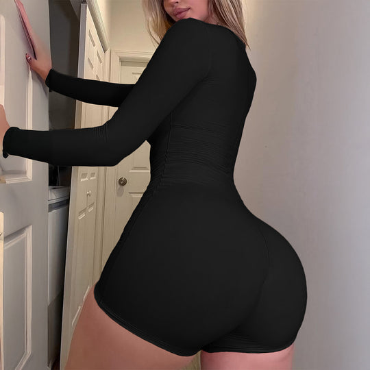 Damen nan figurbetonter Jumpsuit mit quadratischem Ausschnitt, langen Ärmeln und shorts-Länge EB