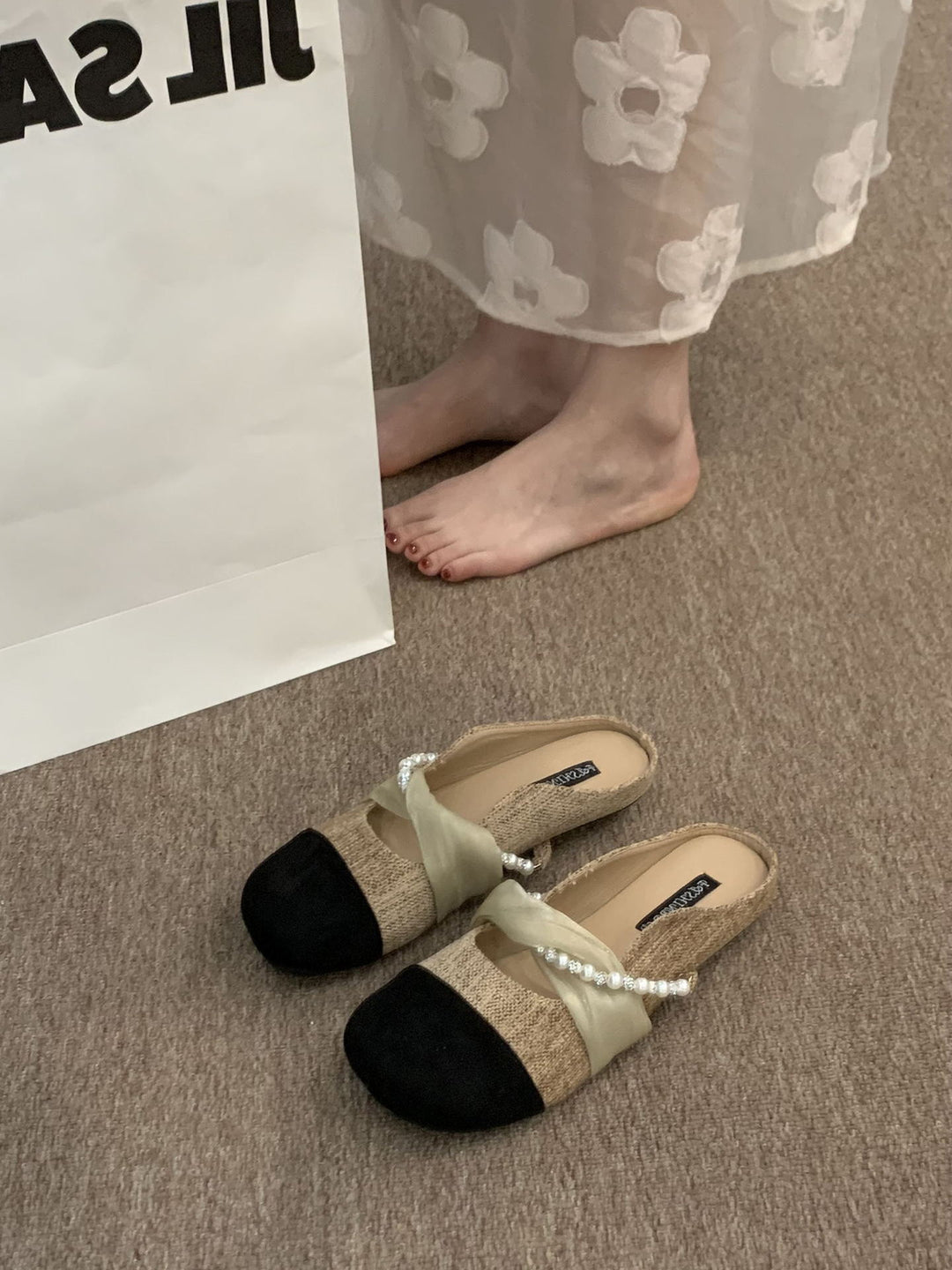 Damen Modische Ballerina-Pantoletten mit eleganter Perlenverzierung EB