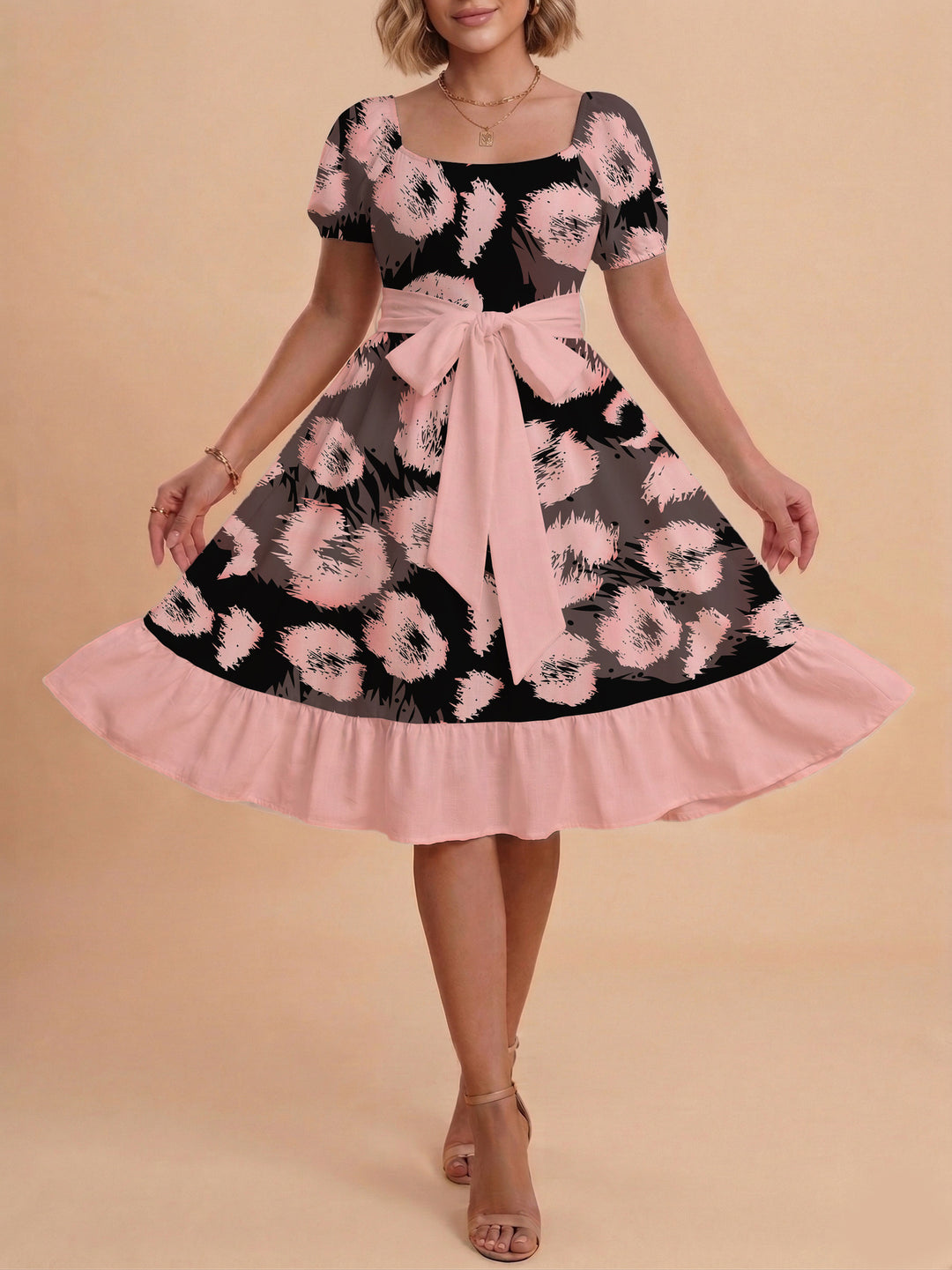 Damen Sommerliches Blumenkleid mit taillierbarem Gürtel und voluminösen Ärmeln EB