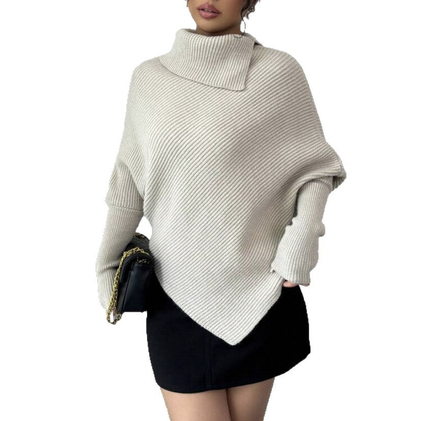Damen Asymmetrischer Rippenstrick-Poncho mit hohem Rollkragen und verlängerten Ärmeln EB