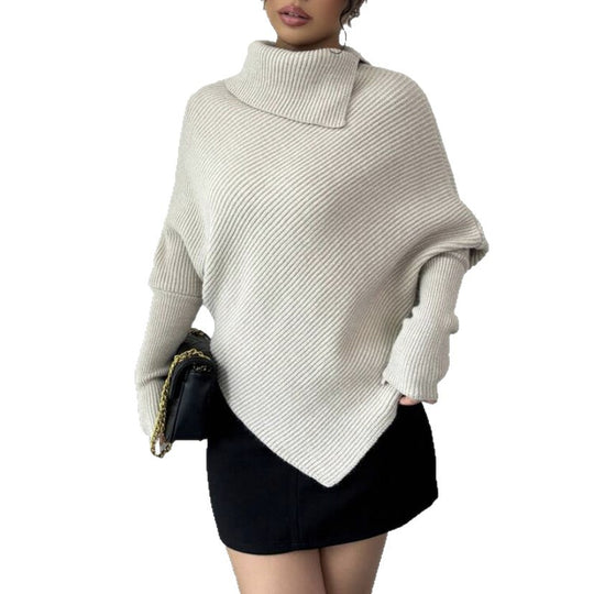 Damen Asymmetrischer Rippenstrick-Poncho mit hohem Rollkragen und verlängerten Ärmeln EB
