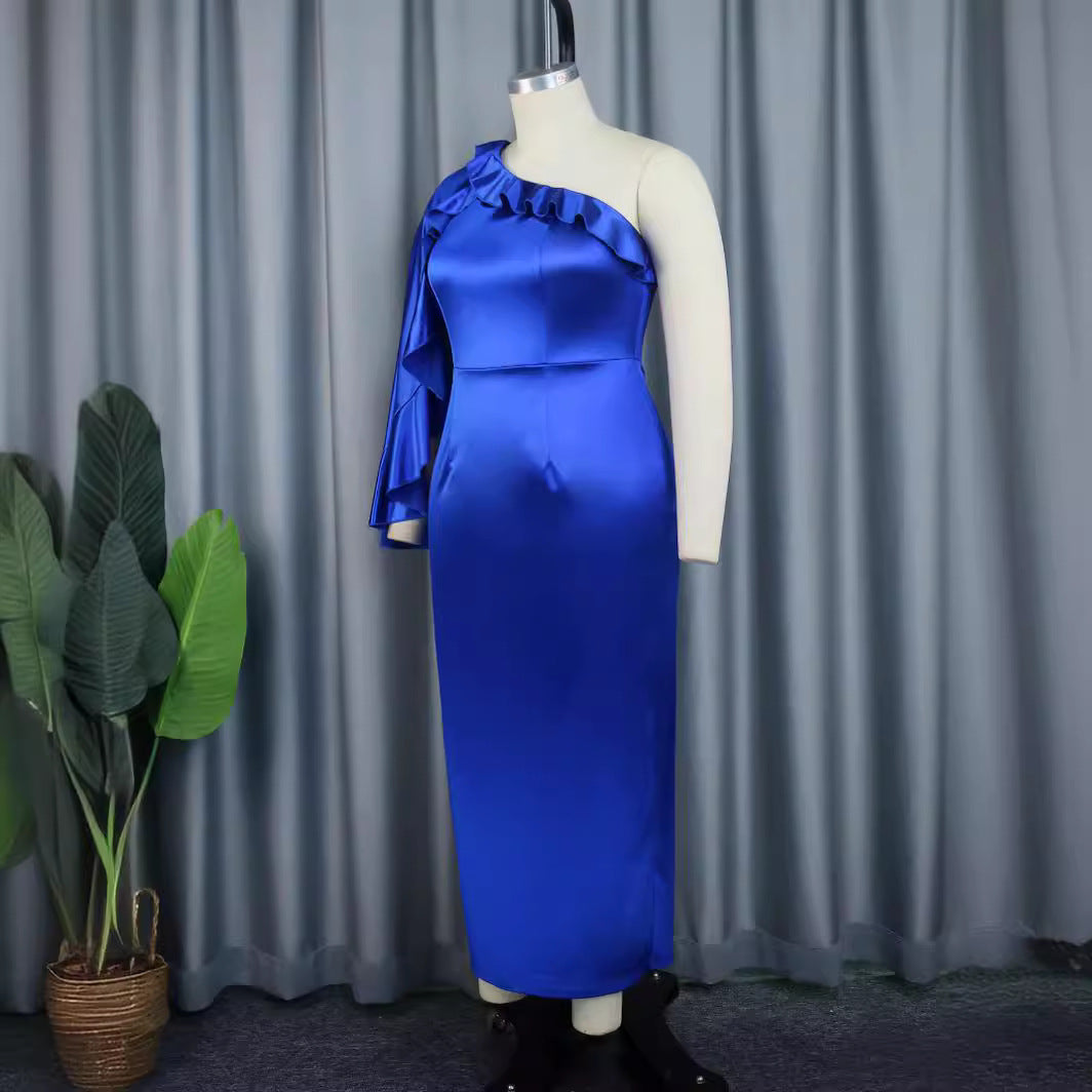 Damen elegantes Abendkleid mit asymmetrischem Rüschärmel EB