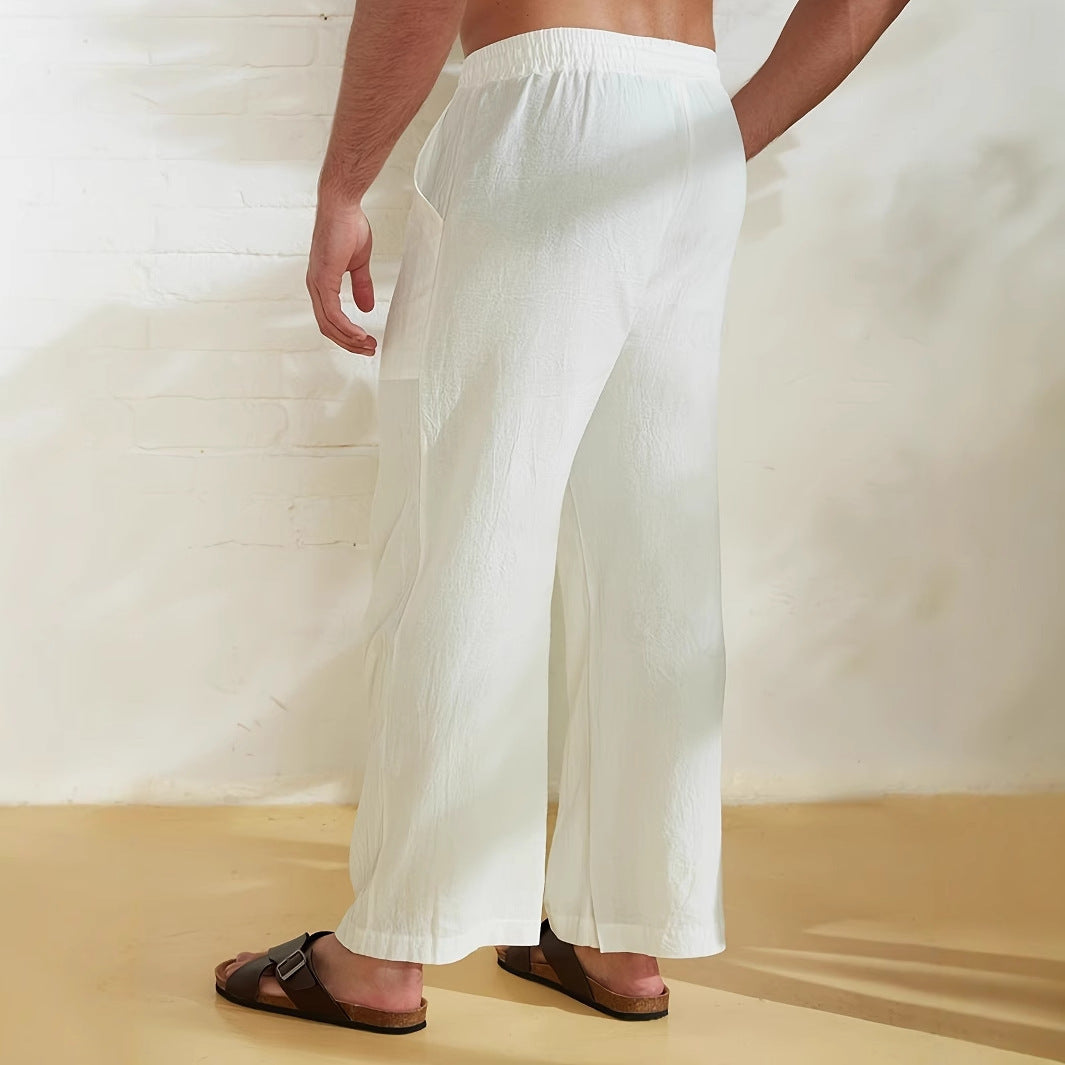Herren lässige Leinen-Relax-Hose mit palmenmotivierten Taschen EB